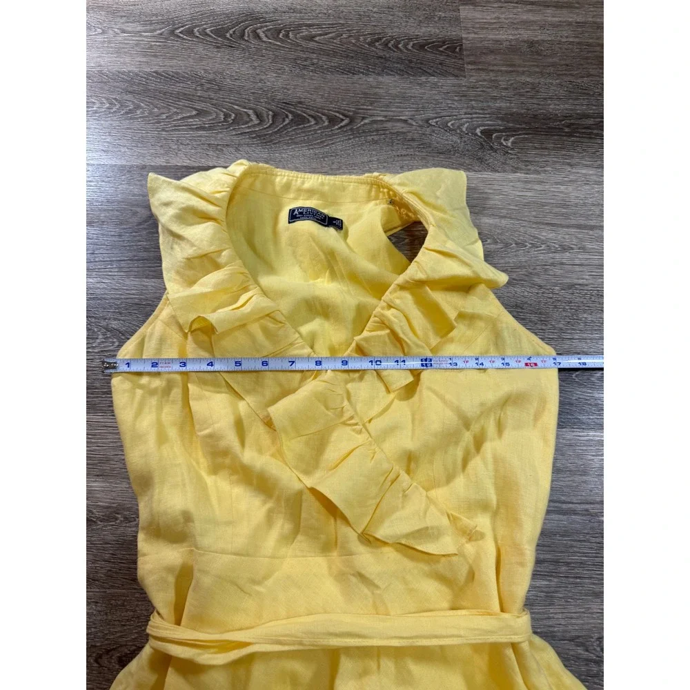 American Living 100%‎ Linen Dress Ruffle Sleeveless Belted Yellow Size 6 Preppy